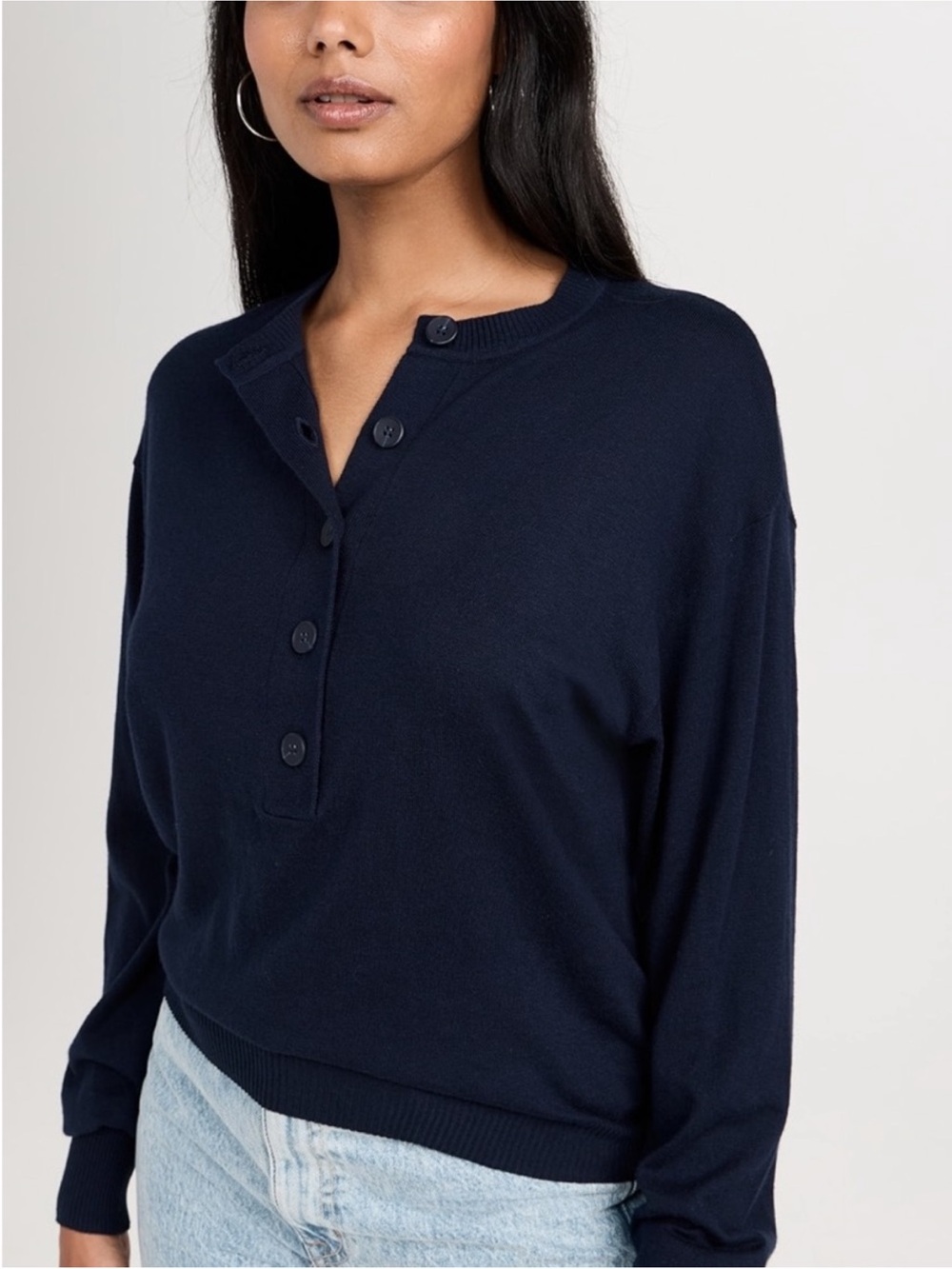 Good American Navy Button-Front Pullover Sweater